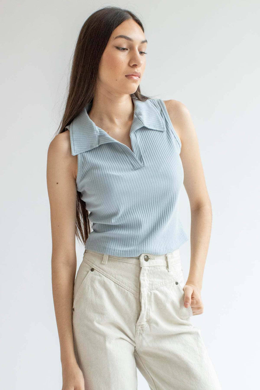 Blue Ribbed Sleeveless Polo