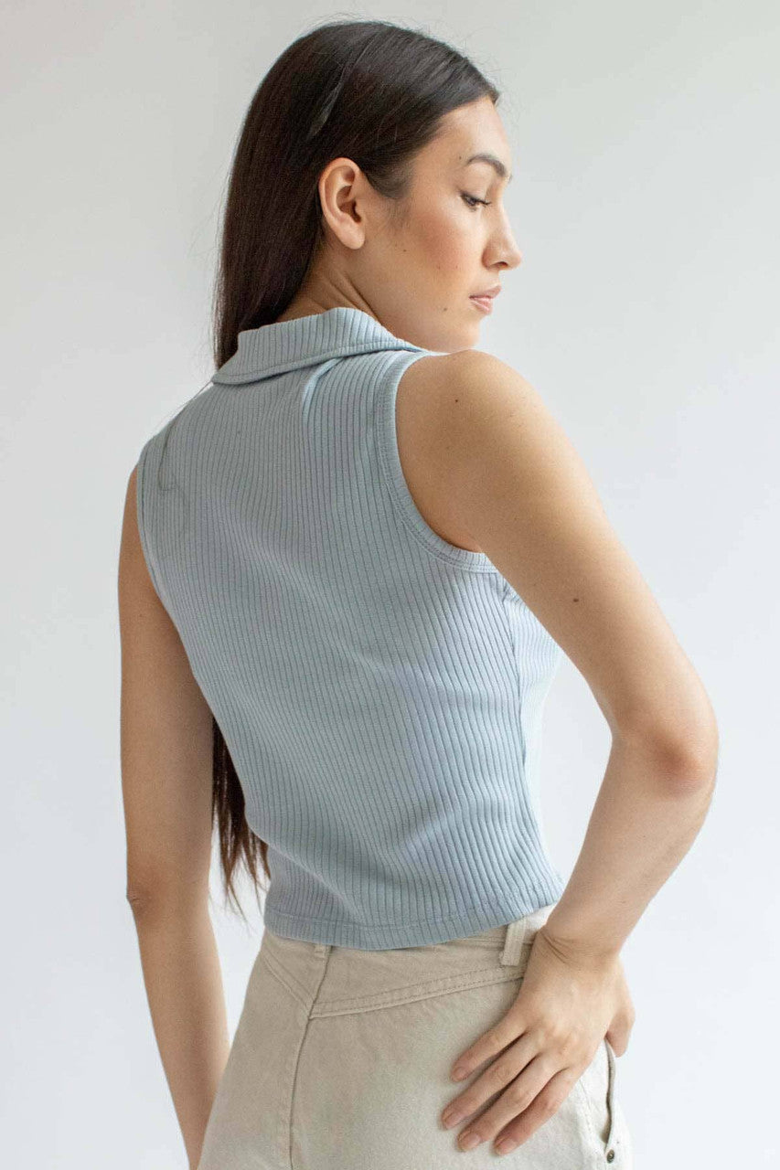 Blue Ribbed Sleeveless Polo