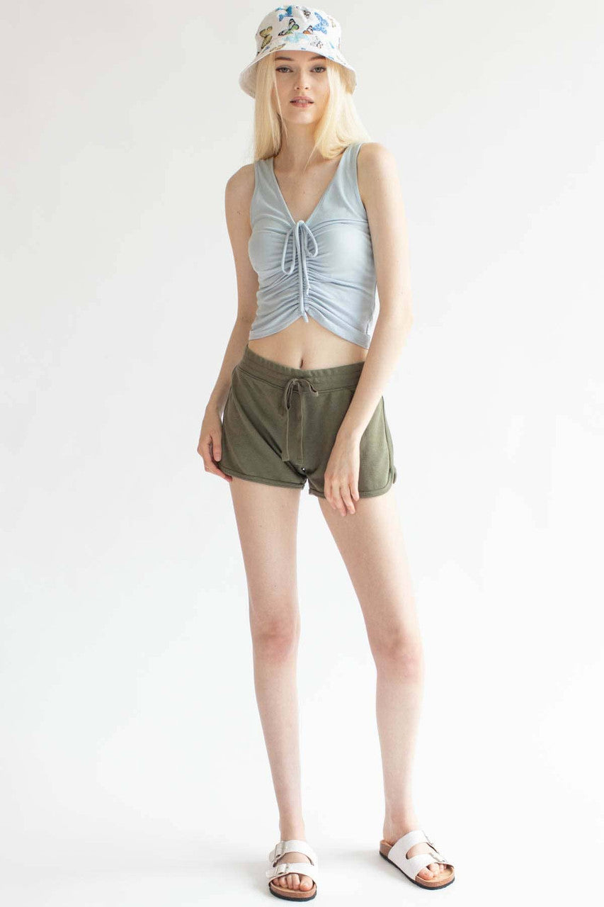 Blue Ruched Tie V Neck Tank