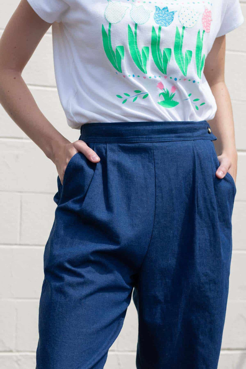 Blue Denim Side Button Vintage Pants (sz. Small)