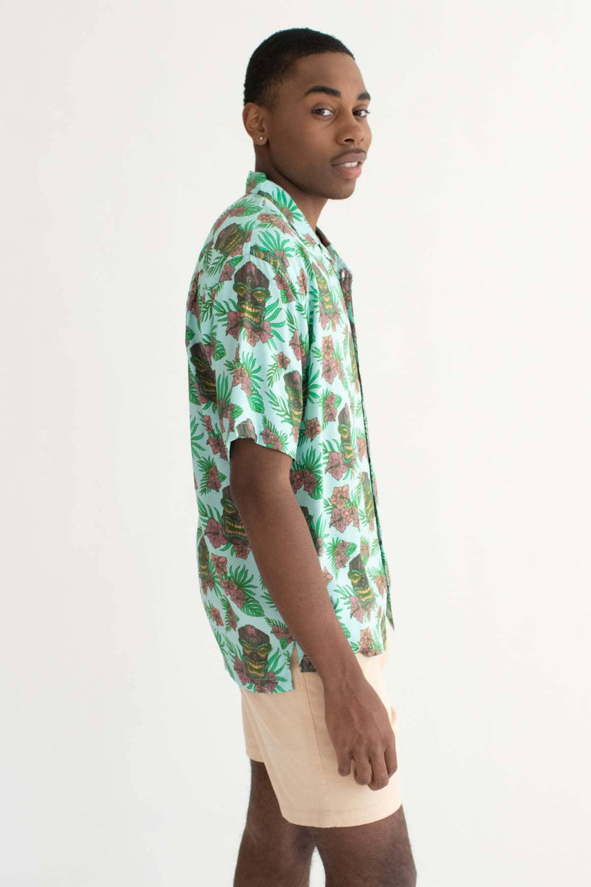 Blue Tiki Print Hawaiian Shirt