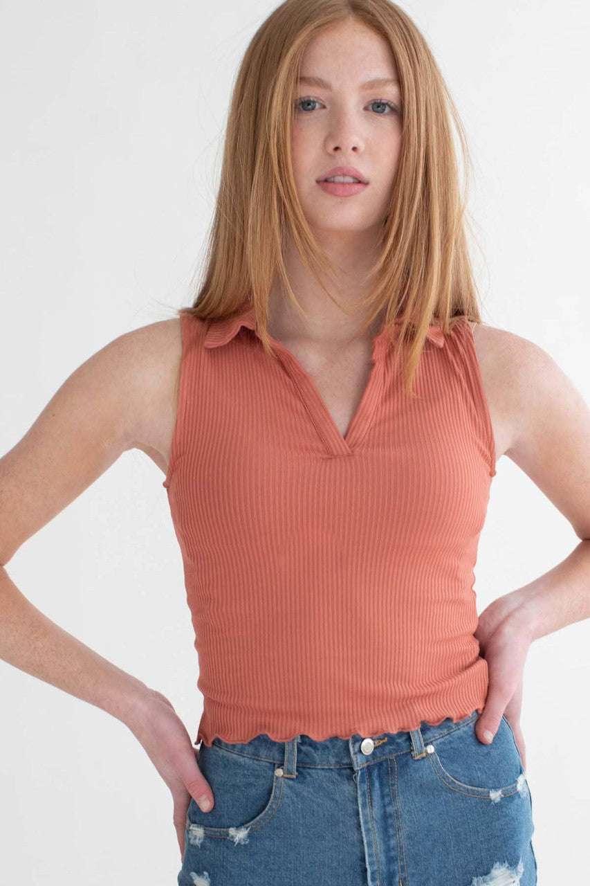 Brick Dust Ribbed Sleeveless Polo