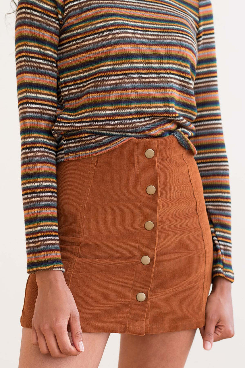 Brown Corduroy Snap Front Miniskirt