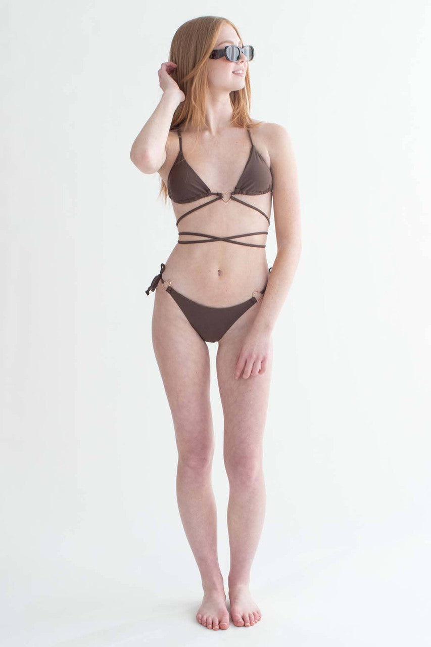 Brown Heart Front Strappy Bikini Top