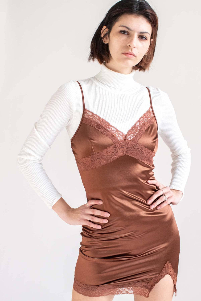 Brown Lace Trim Slip Dress