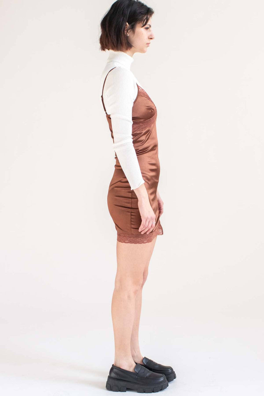 Brown Lace Trim Slip Dress