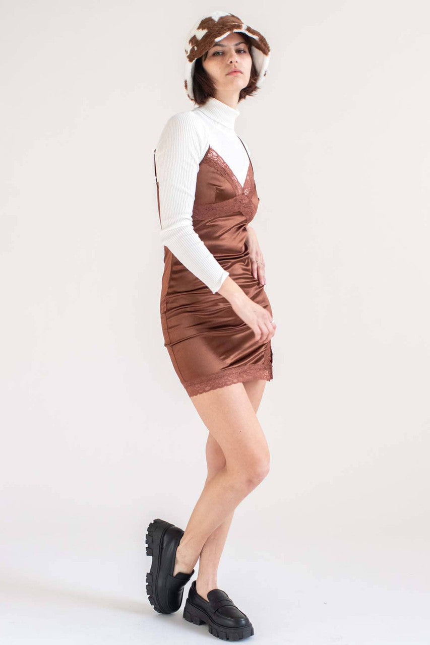 Brown Lace Trim Slip Dress