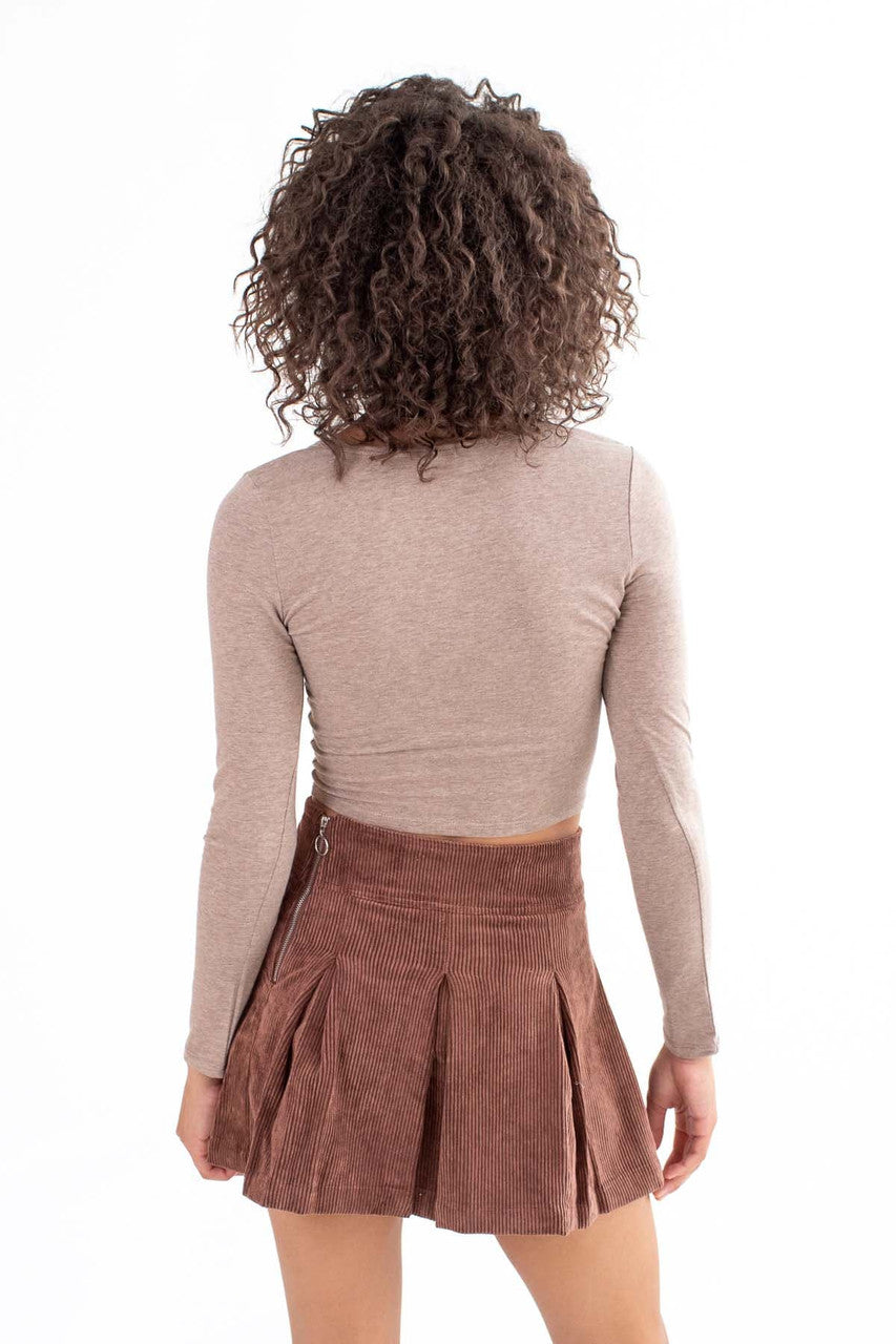 Brown Notched Neck Long Sleeve Top