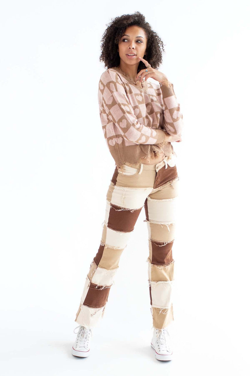 Brown Patchwork Flare Jeans