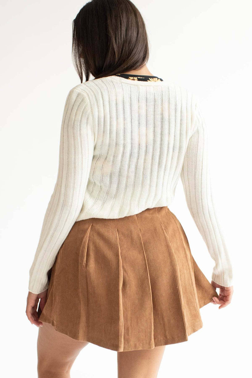 Brown Pleated Corduroy Skirt