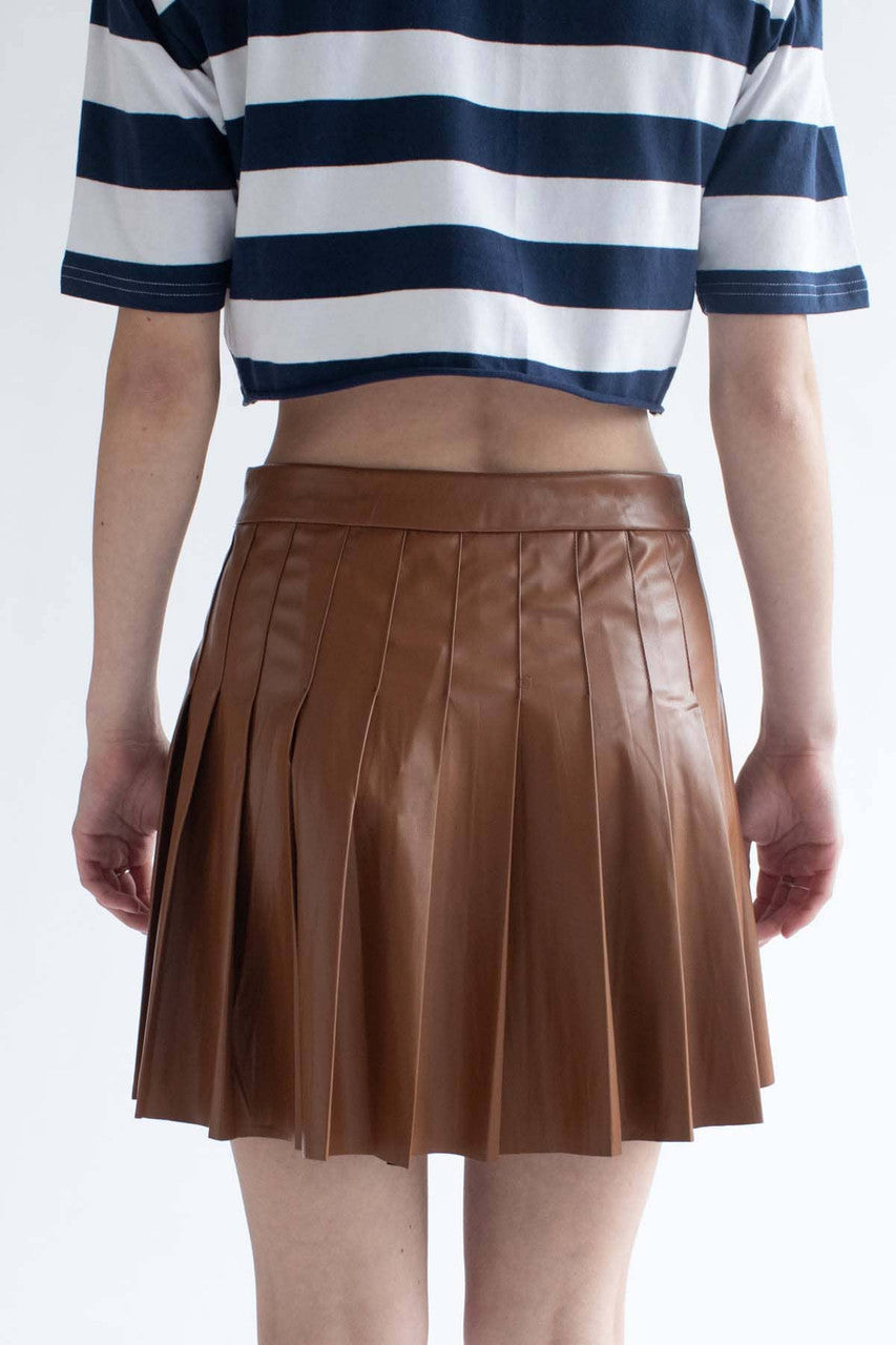 Brown Pleather Pleated Skirt