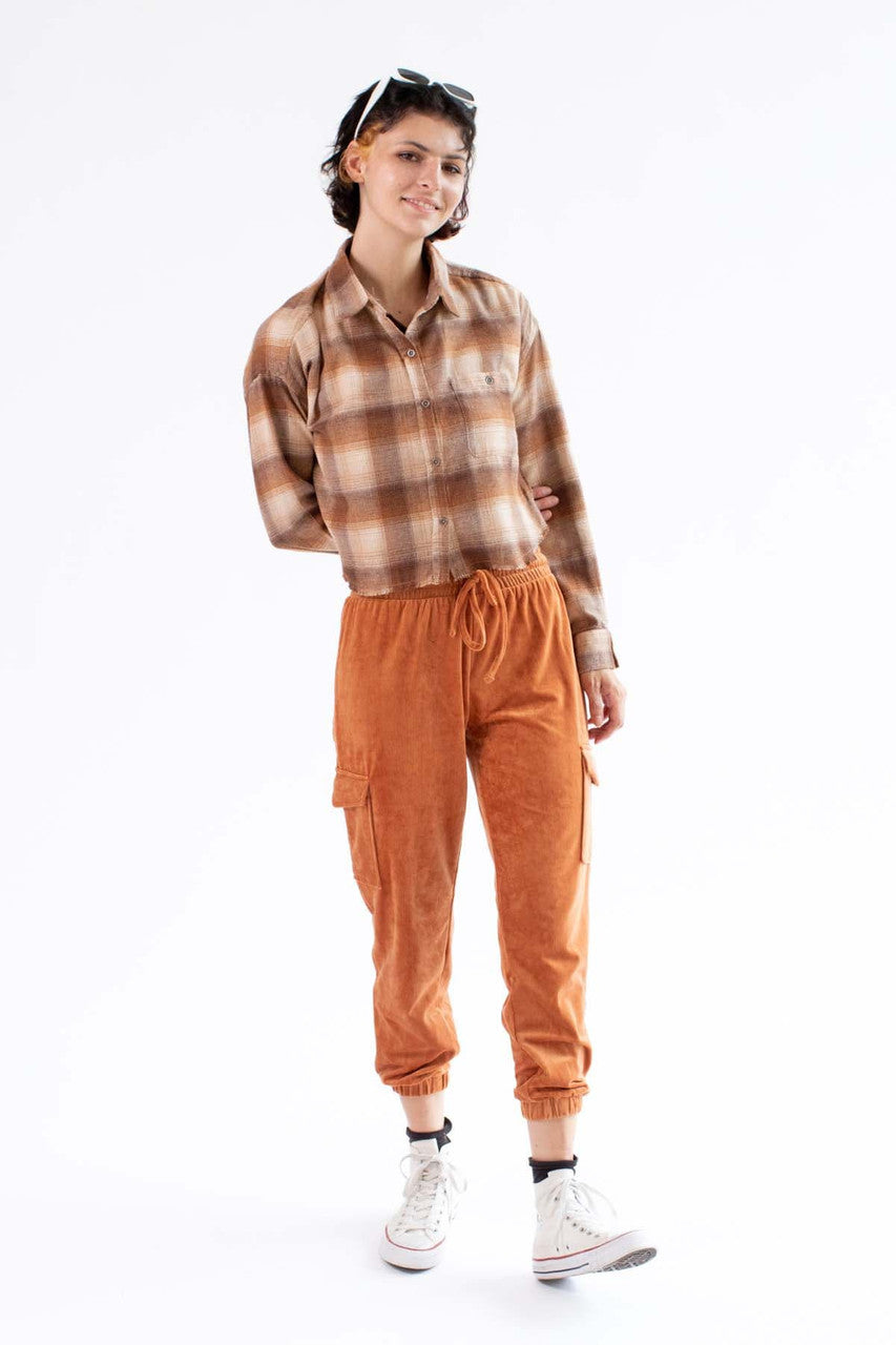 Brown Raw Edge Crop Flannel