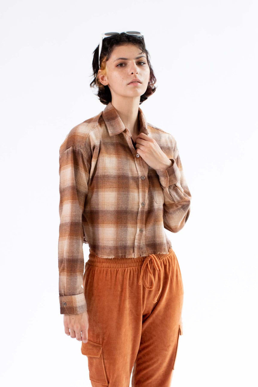 Brown Raw Edge Crop Flannel