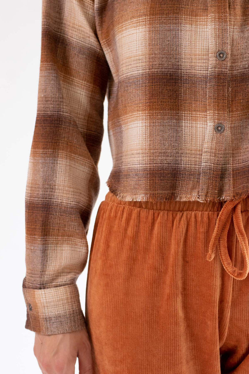 Brown Raw Edge Crop Flannel