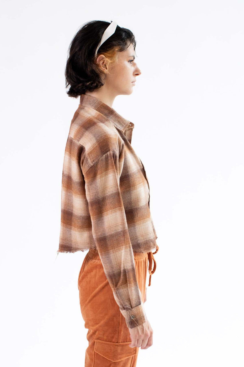 Brown Raw Edge Crop Flannel