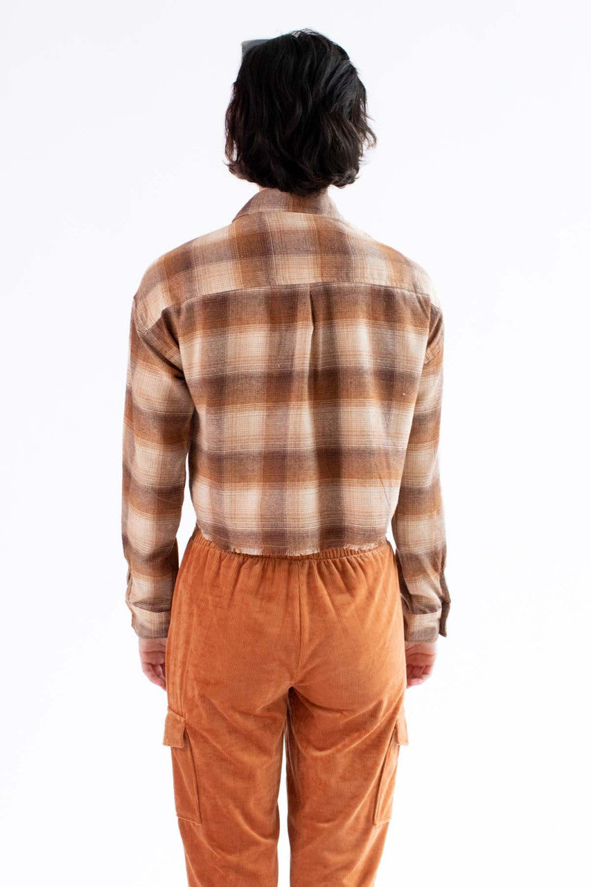 Brown Raw Edge Crop Flannel