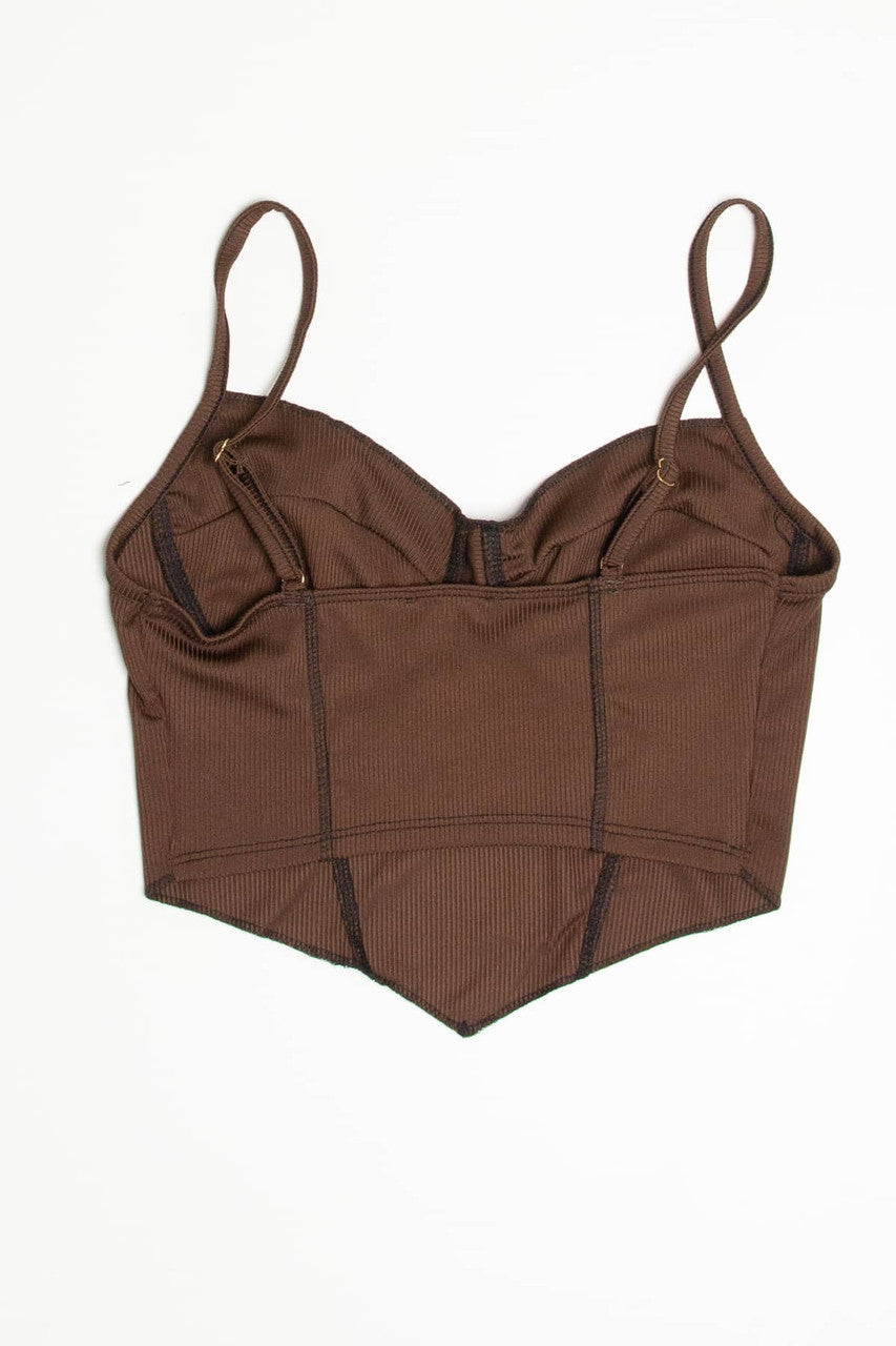 Brown Ribbed Contrast Seam Bustier Cami