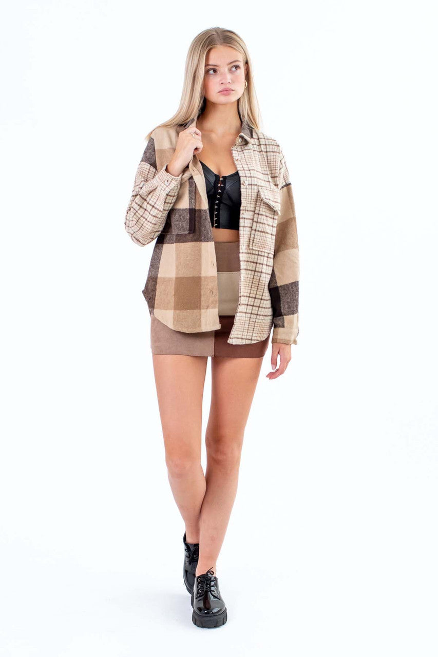 Brown Spliced Plaid Shacket