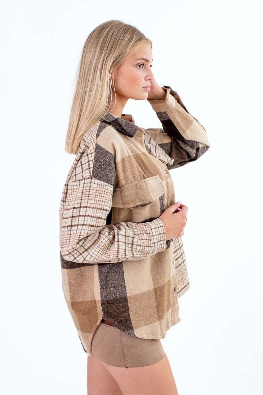 Brown Spliced Plaid Shacket