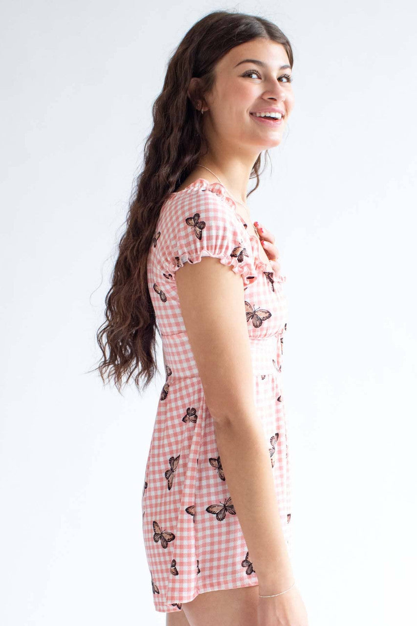 Pink Butterfly Gingham Milkmaid Romper