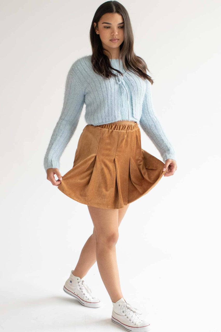 Camel Pleated Corduroy Skater Skirt