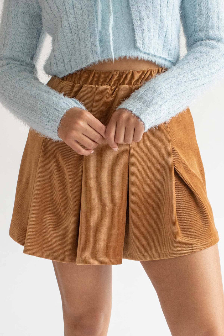 Camel Pleated Corduroy Skater Skirt