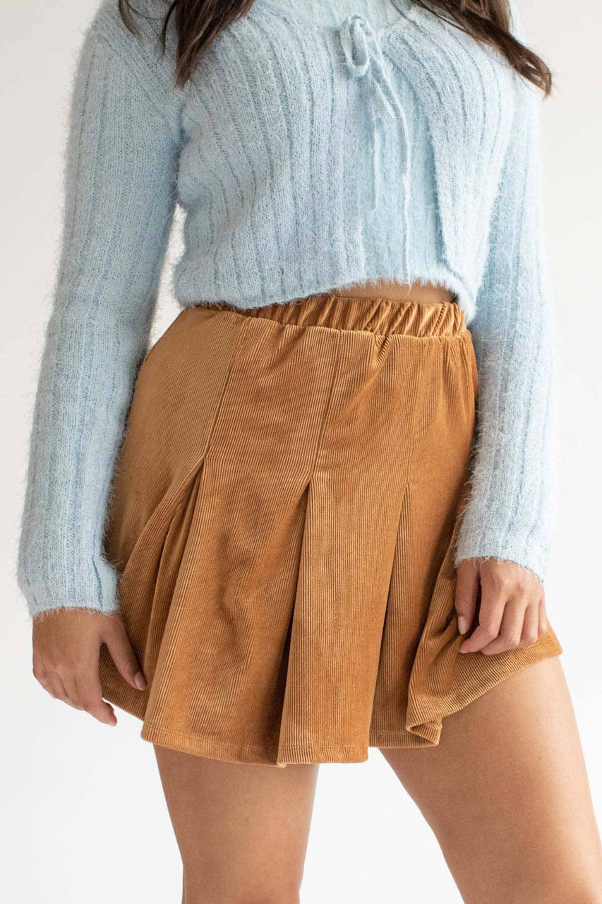 Camel Pleated Corduroy Skater Skirt