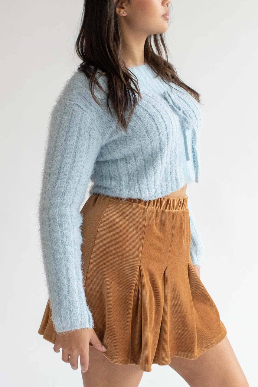 Camel Pleated Corduroy Skater Skirt