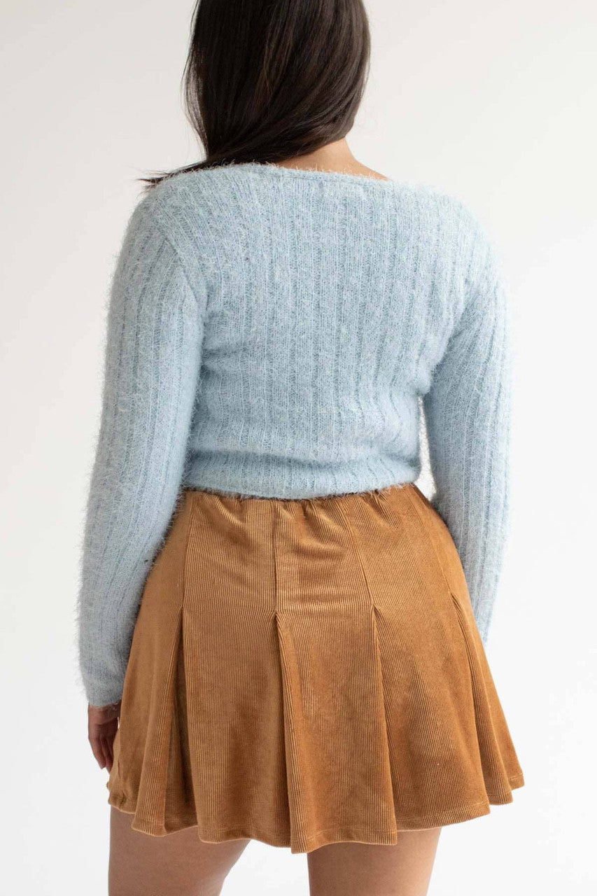 Camel Pleated Corduroy Skater Skirt