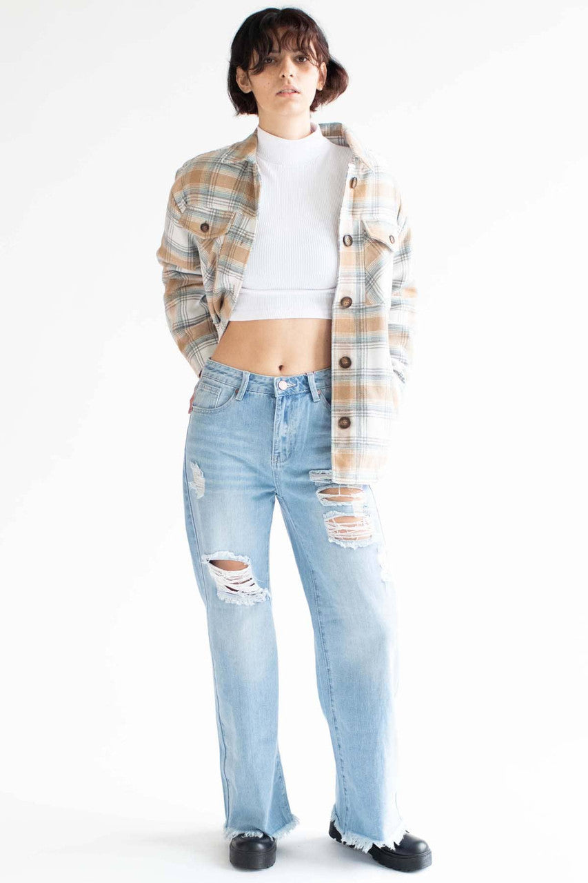 Camel Sherpa-Lined Flannel Jacket