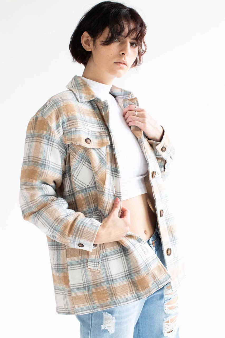 Camel Sherpa-Lined Flannel Jacket