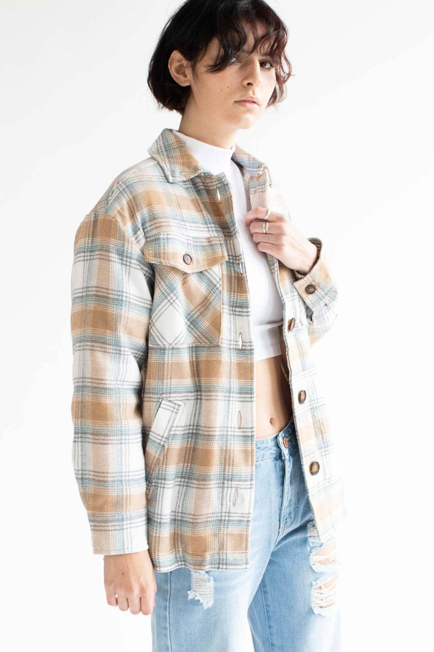 Camel Sherpa-Lined Flannel Jacket