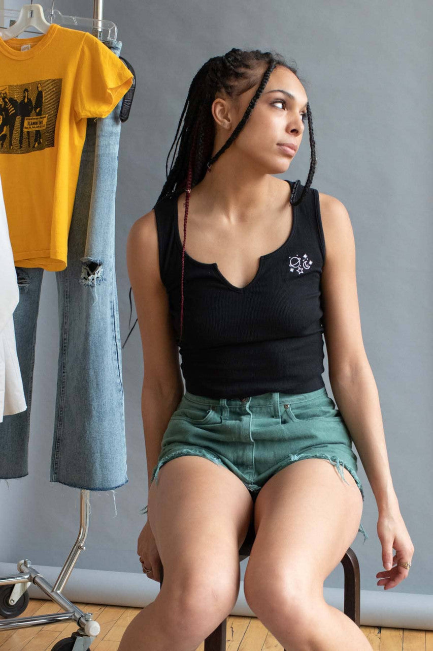 Celestial Embroidered Black Notched Neck Tank