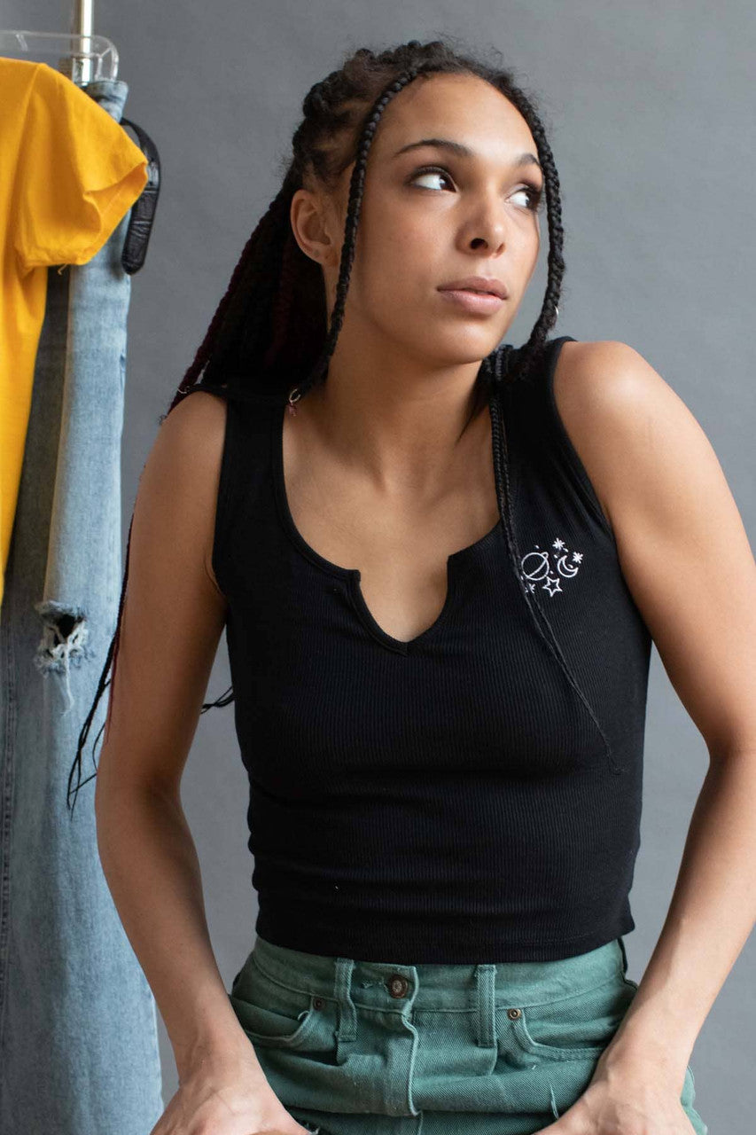 Celestial Embroidered Black Notched Neck Tank