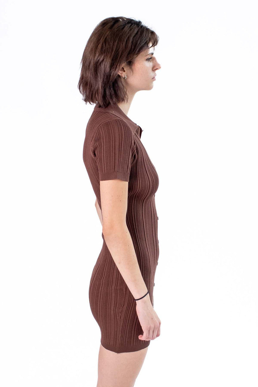 Chocolate Ribbed Knit Polo Dress