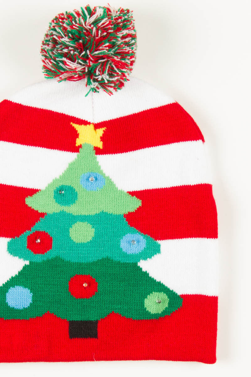 Striped Christmas Tree Light up Pom Beanie