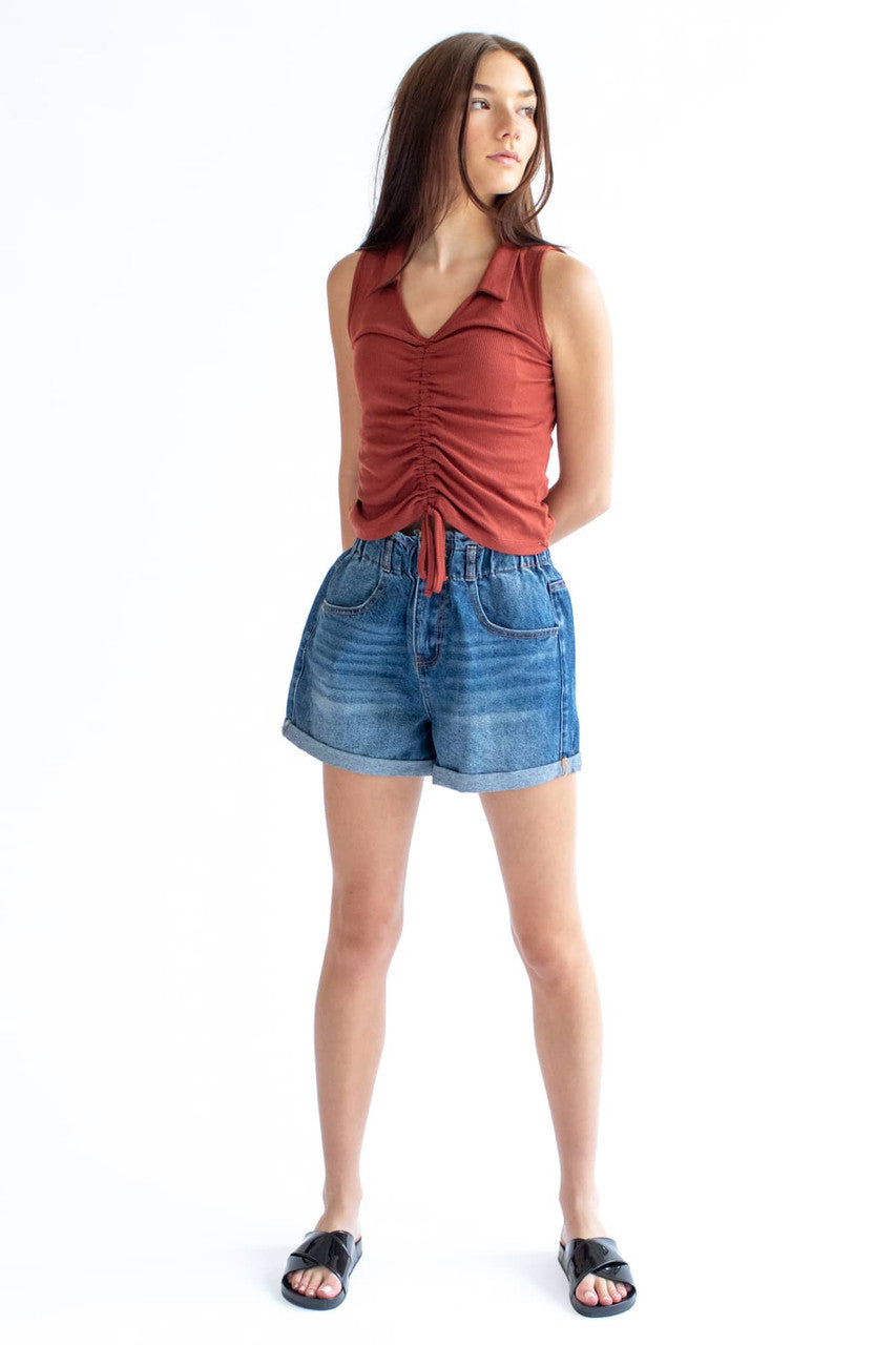 Clay Ruched Front Ribbed Sleeveless Polo