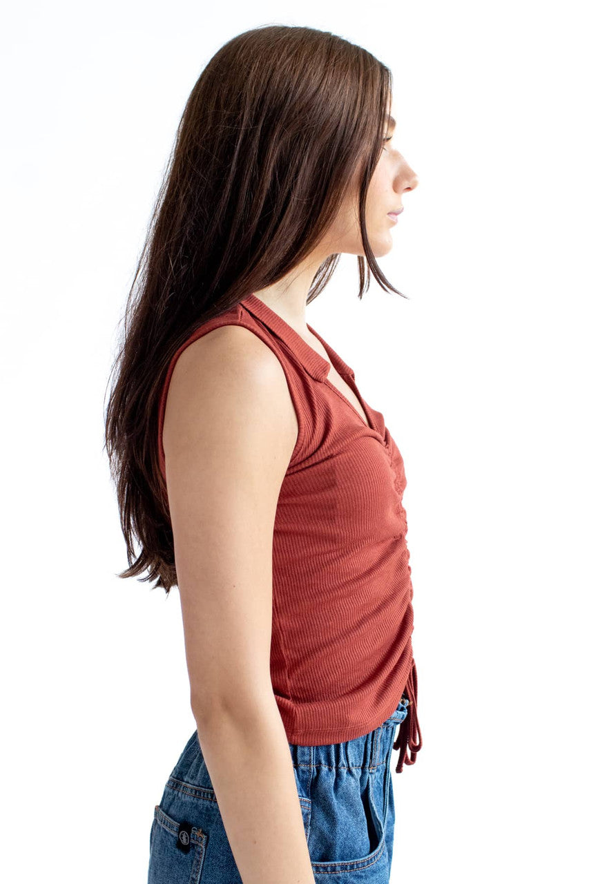 Clay Ruched Front Ribbed Sleeveless Polo