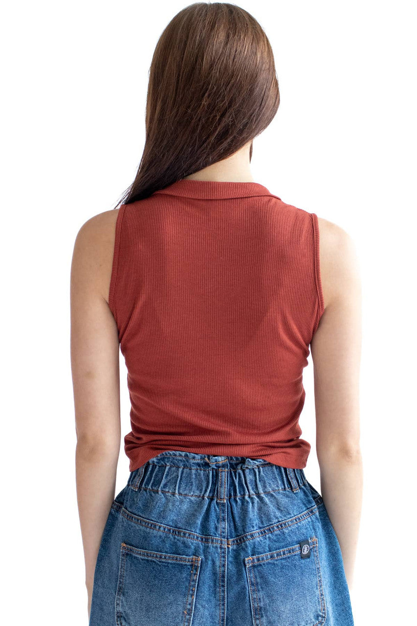 Clay Ruched Front Ribbed Sleeveless Polo