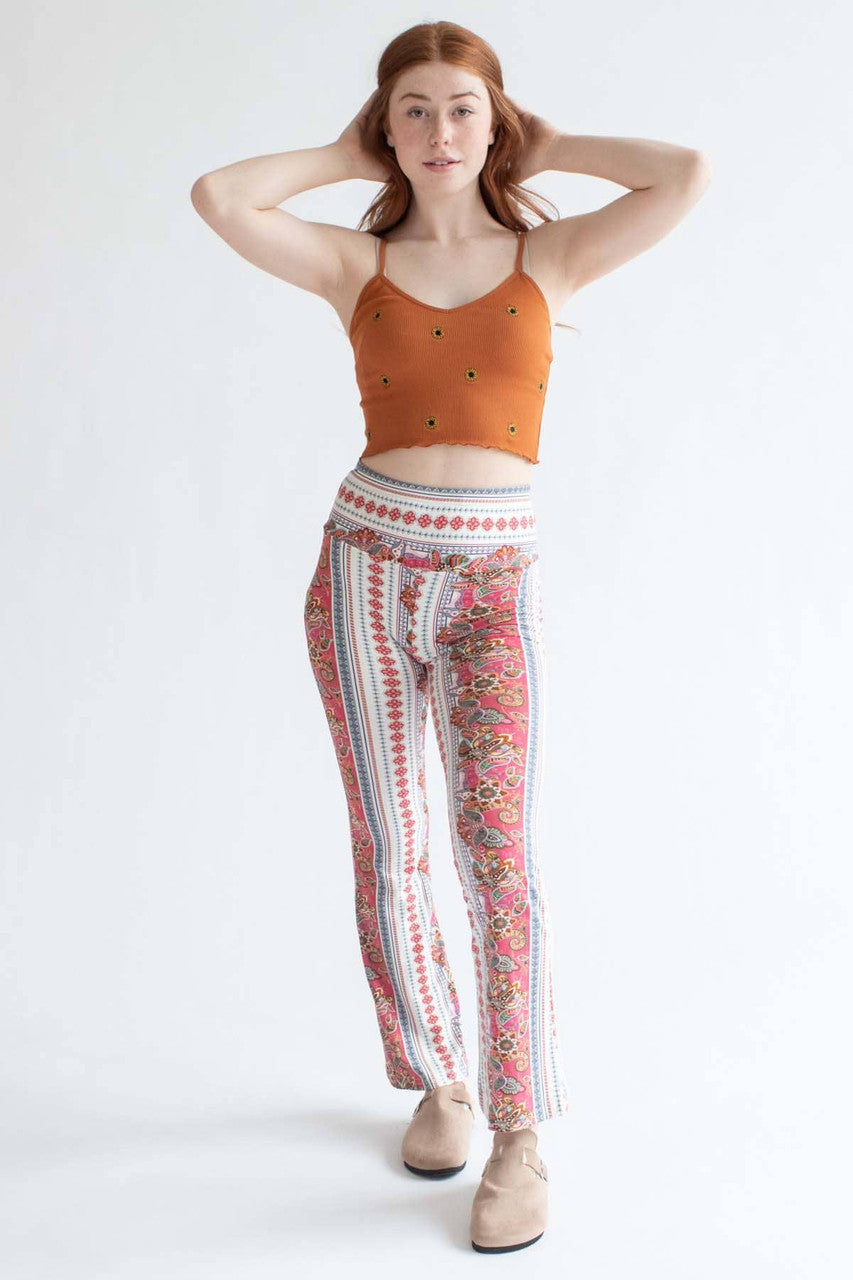 Coral Floral Border Print Bell Bottoms