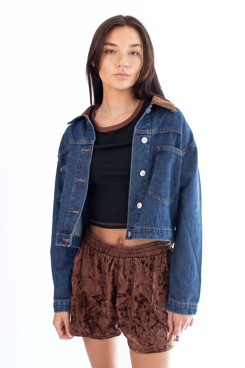 Corduroy Collar Dark Denim Jacket