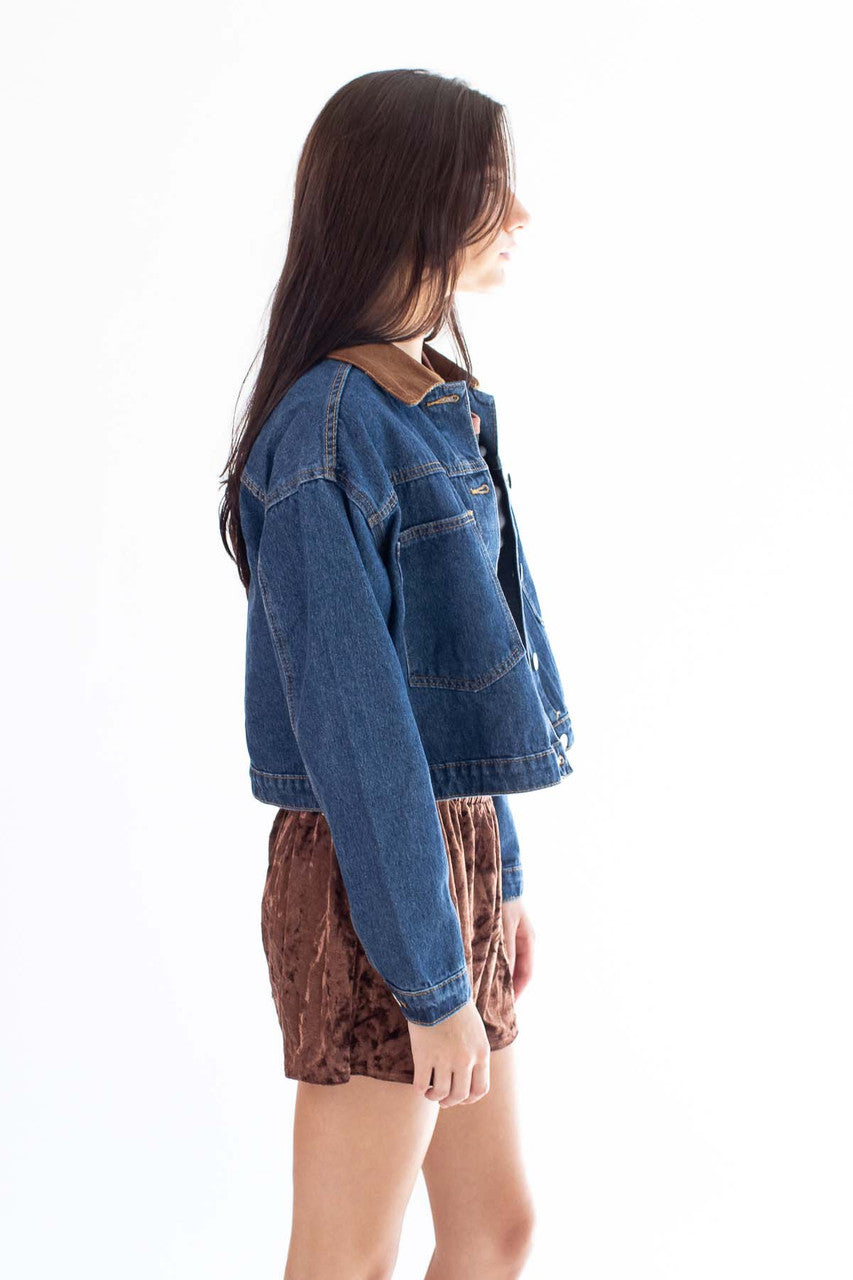 Corduroy Collar Dark Denim Jacket