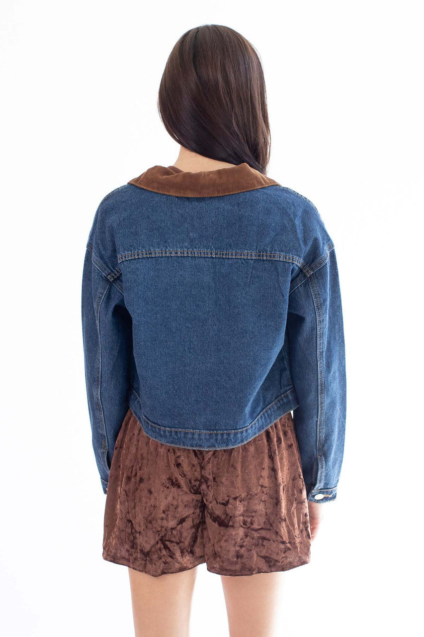 Corduroy Collar Dark Denim Jacket