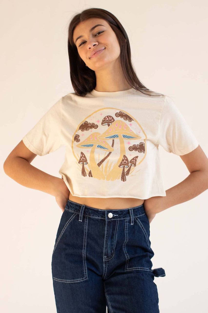 Cream Mushrooms In The Clouds Cropped Tee