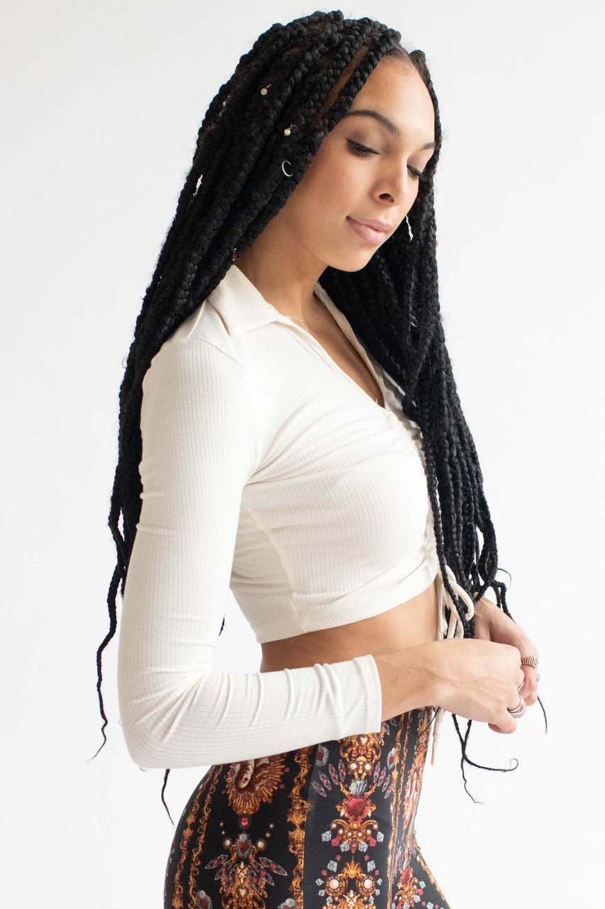 Cream Ruched Ribbed Long Sleeve Crop Polo