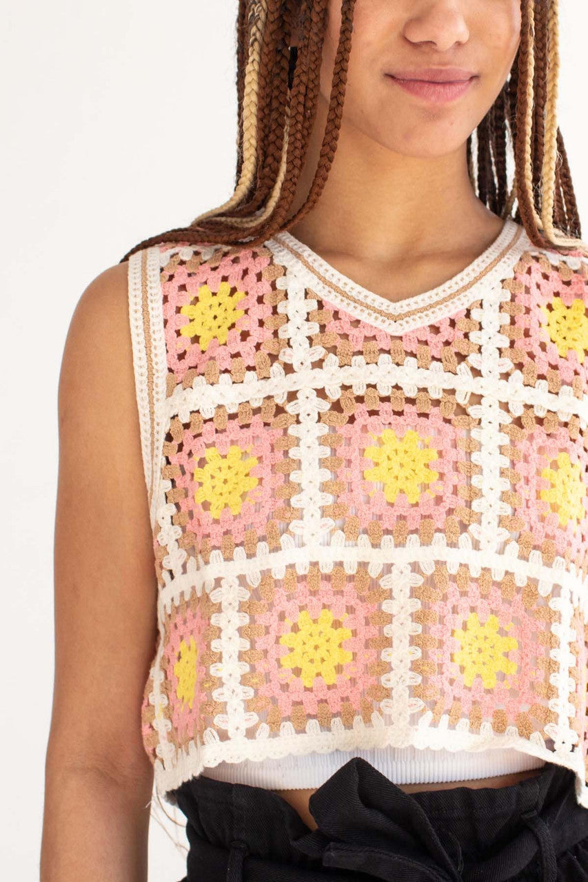 Pink Crochet Squares Crop Tank