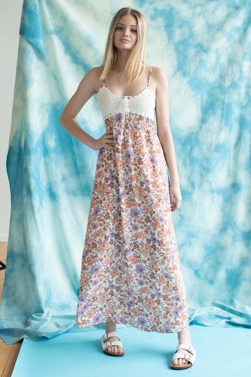 Crochet Top Peach Floral Maxi Dress