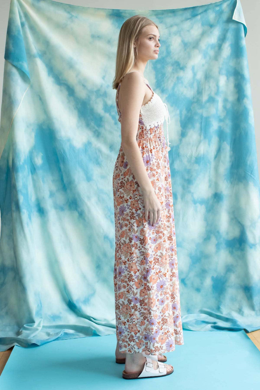 Crochet Top Peach Floral Maxi Dress