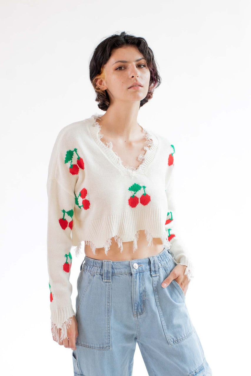 Cropped Cherry Frayed Sweater