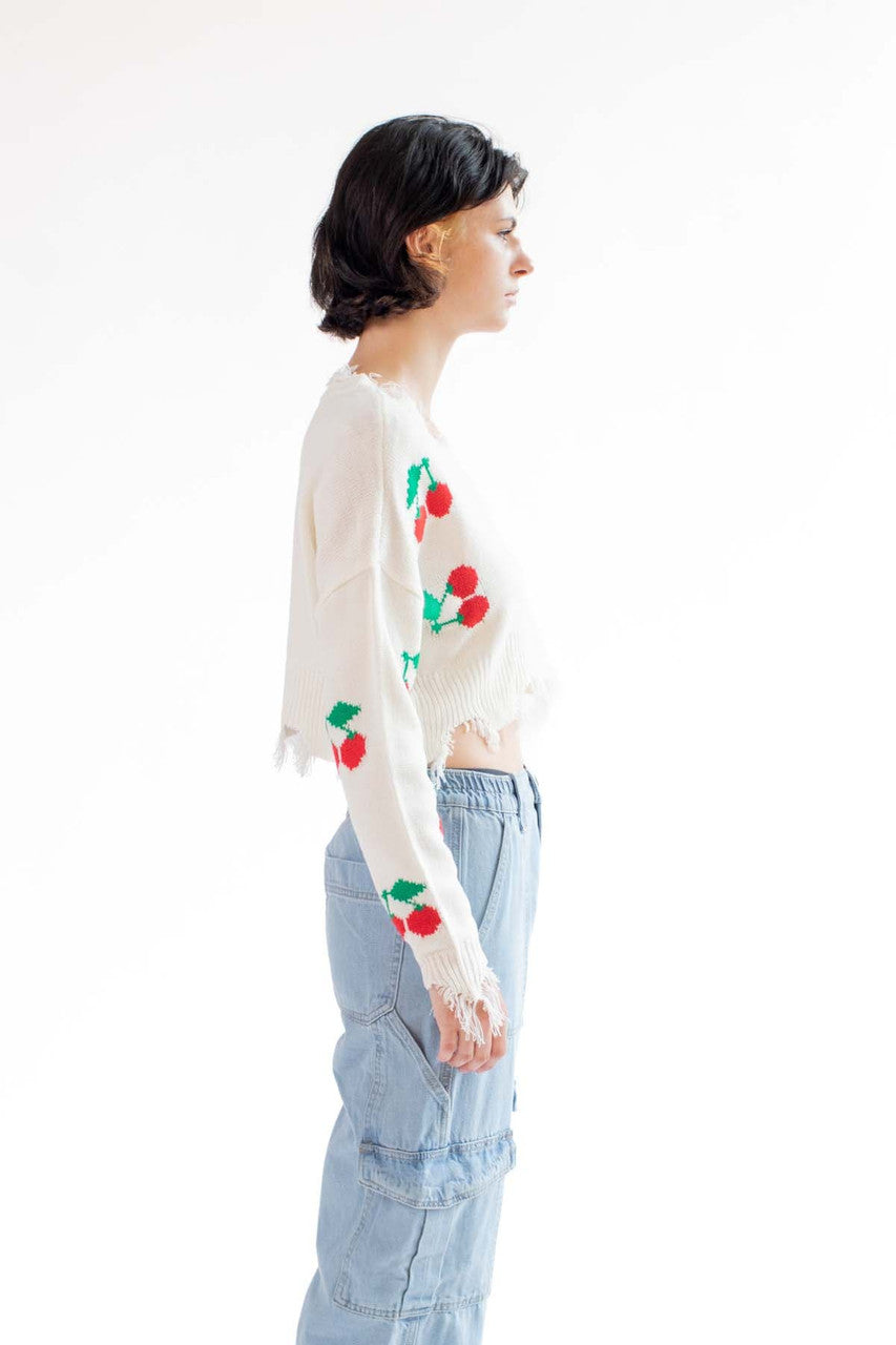 Cropped Cherry Frayed Sweater